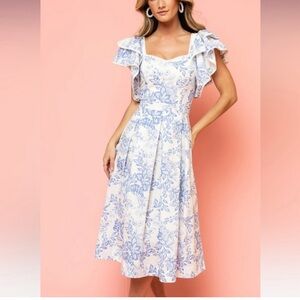 NWT Rachel Parcell Blue Floral Ruffle Sleeve Midi Dress